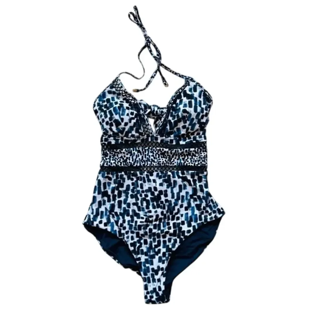REISS Swimsuit Size 6 NEW Gia Halter Neck Lattice Trim Lasercut $170 Blue Print